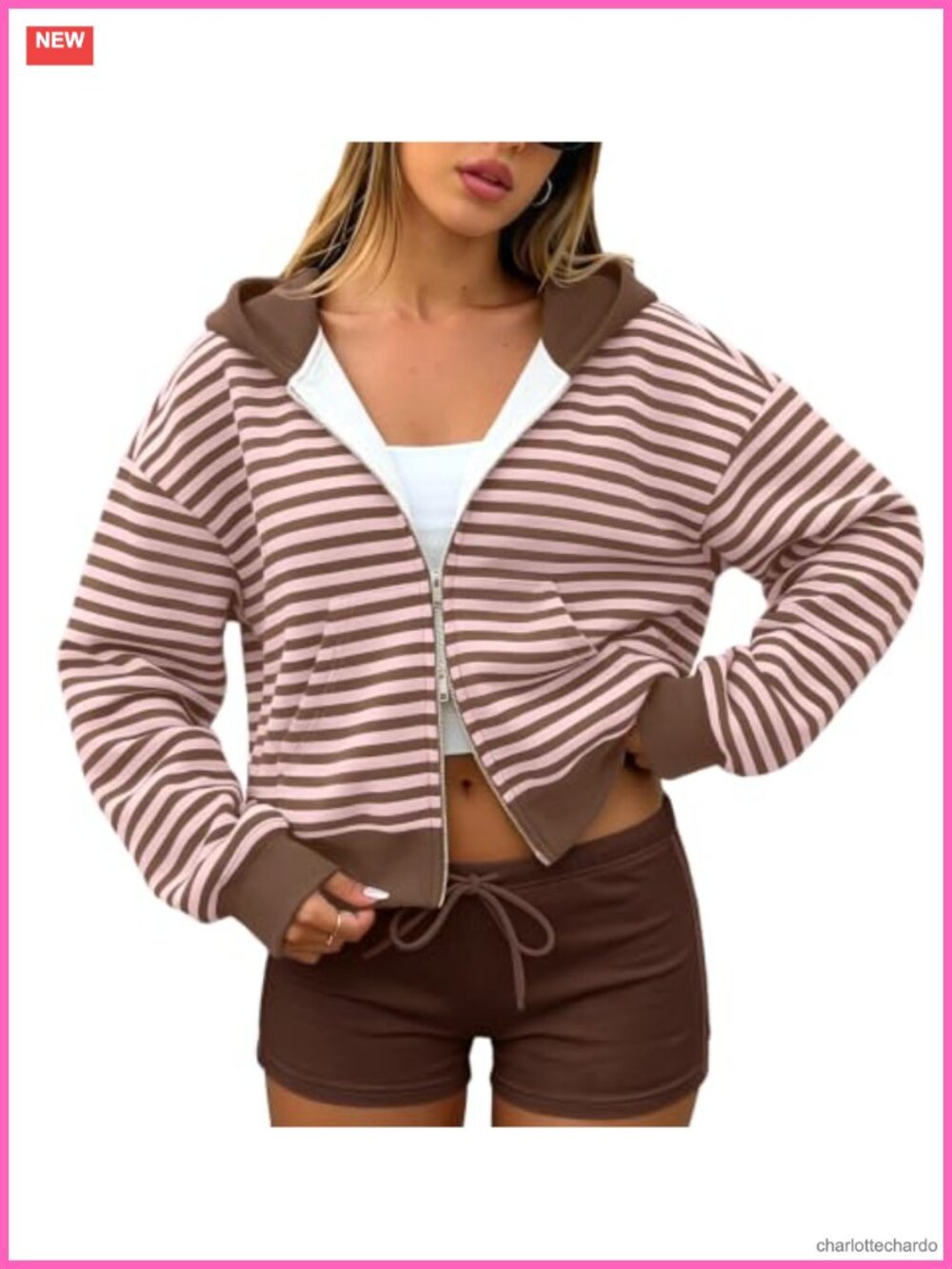 Striped Zip Up Cropped Hoodie Long Sleeve Oversized Y2K Women's